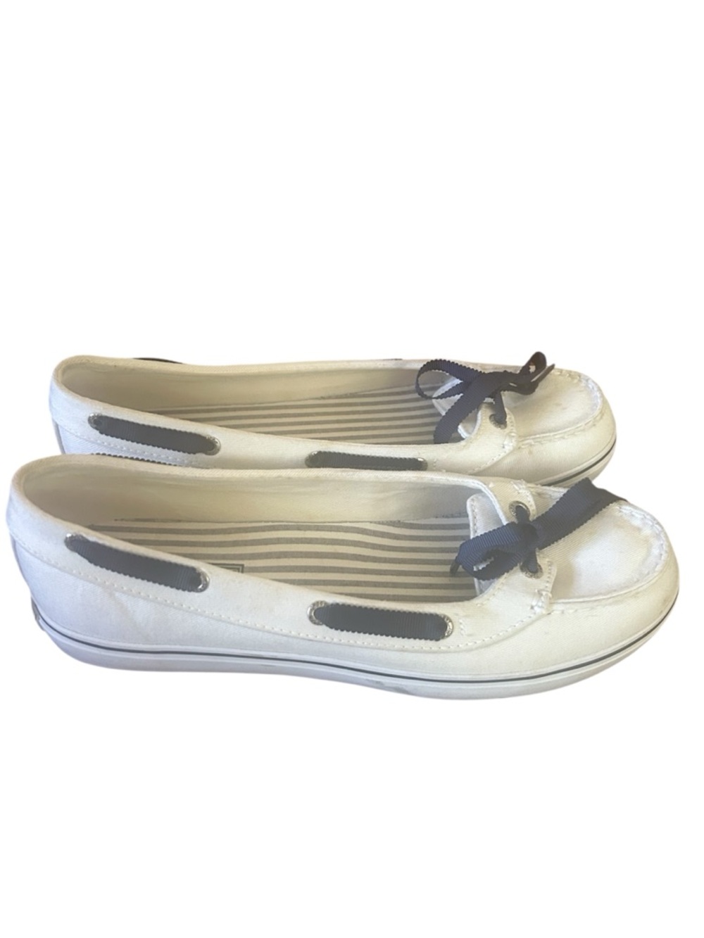 Sperry White Leather Boat Shoe Flats with Navy Trim